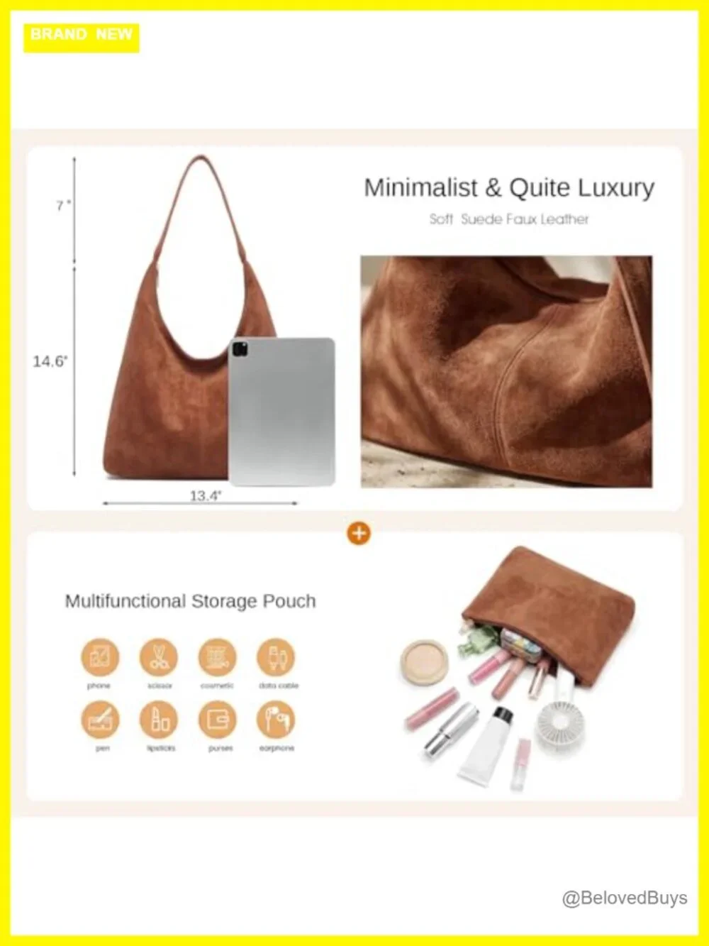 Faux Suede Slouchy Hobo Bag with Removable Pouch Cresent Tote Shoulder Purse